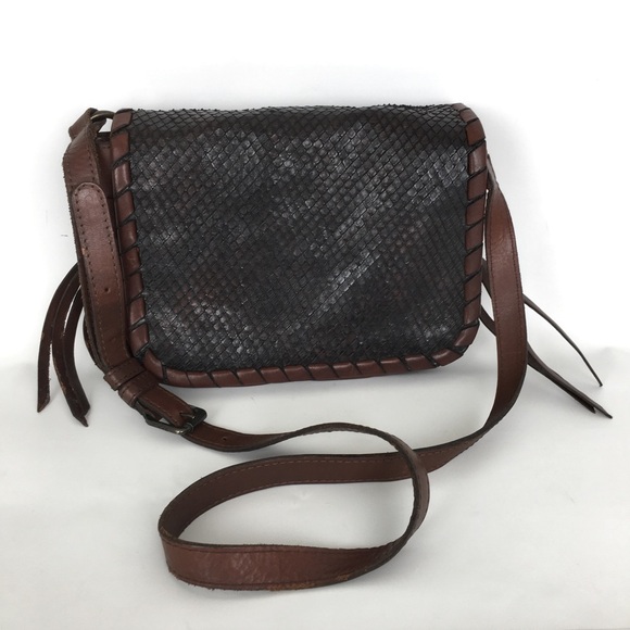 Frye Leather Crossbody Bag Brown Black Snakeskin Boho Fringe Purse Shoulder Bag - Picture 1 of 15